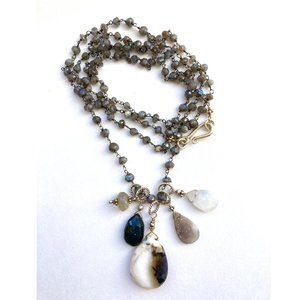 Labradorite beaded chain necklace with gem drop charms